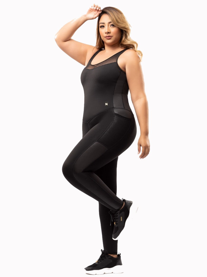 Lotus Black Jumpsuit – Compressive Fit, Transparent Detail, Antibacterial & Breathable Design