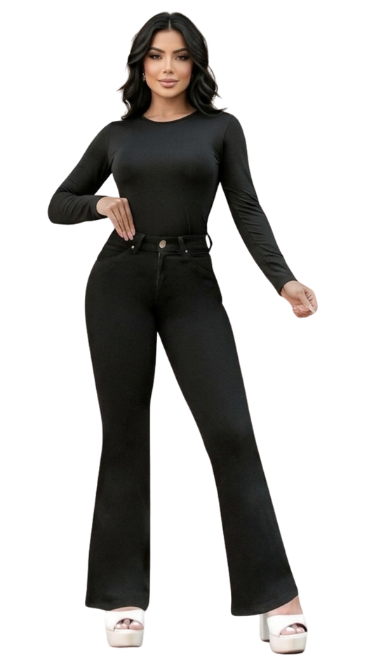 Colombian Black Bell-Bottom Jeans Ref. 55128 with 1 Button – Super Stretch Eighties Style