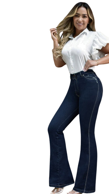 Colombian Bell-Bottom Jeans Ref. 55139 with 1 Button – Blue Tone Stretch Fabric