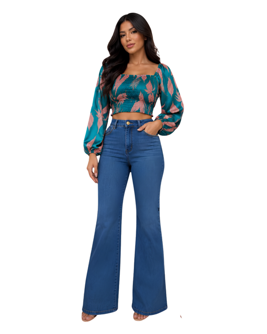 Women’s Colombian Medium Blue High-Waisted Wide Flare Jeans – Ref. 55173