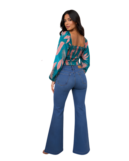 Women’s Colombian Medium Blue High-Waisted Wide Flare Jeans – Ref. 55173