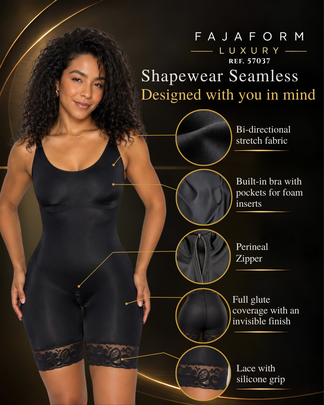 Medium-Compression Seamless Mid-Thigh Bodysuit with Adjustable Straps | Ref. 57037